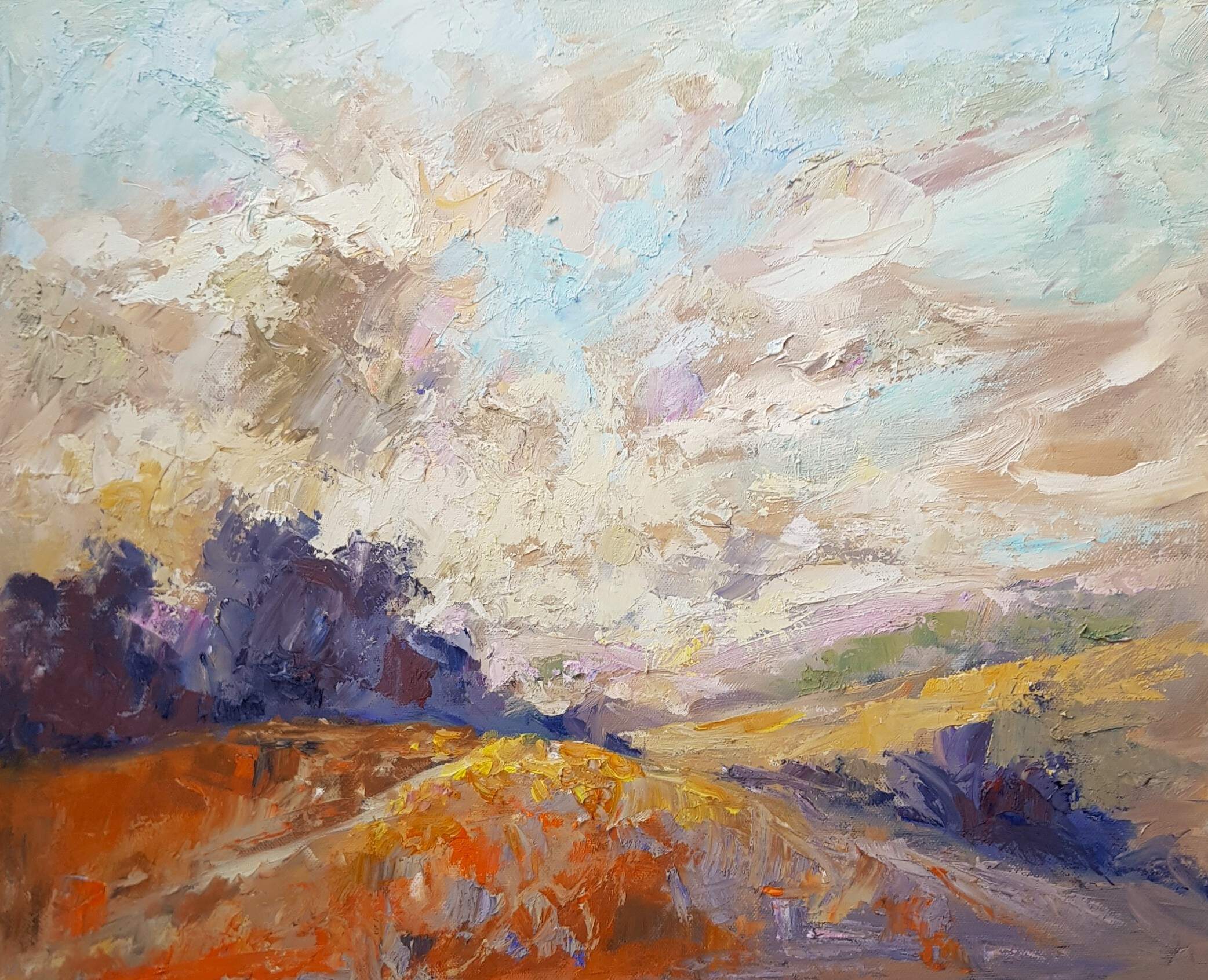 Landscape view of the North Downs with footpath under a cloudy sky